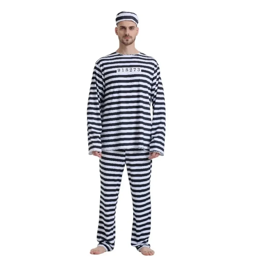 Disfraz de Halloween para adultos, disfraz de preso para mujeres y hombres, mono de carcelero, atuendo de convicto, camisa y pantalones.