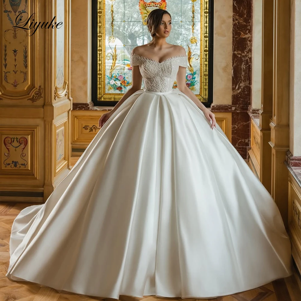

Liyuke Customize Made Elegance Off Shoulder Sleeves Ball Gown Wedding Dresses Beaded Lace And Satin Princess Bride Gowns