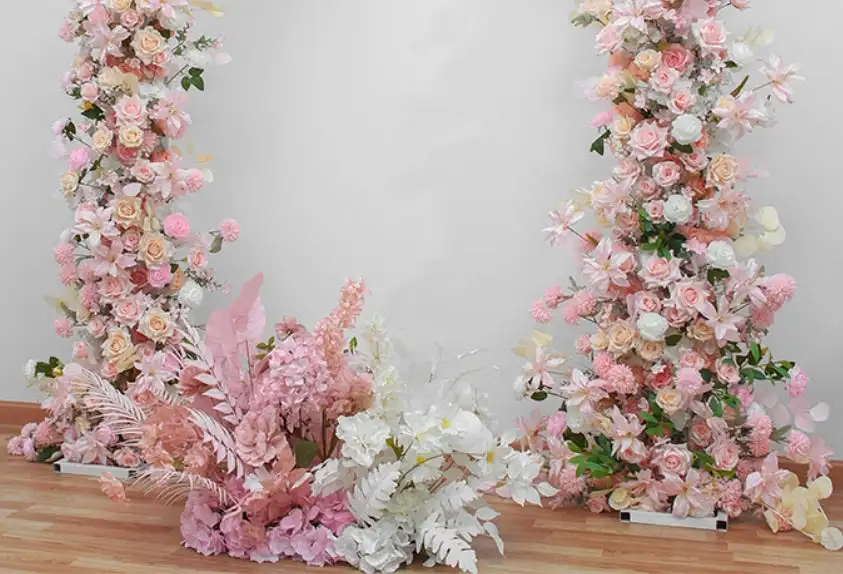 Custom White pink Rose Table Artificial mixed flower corner arch outdoor wedding Decoration background decoration stage setting