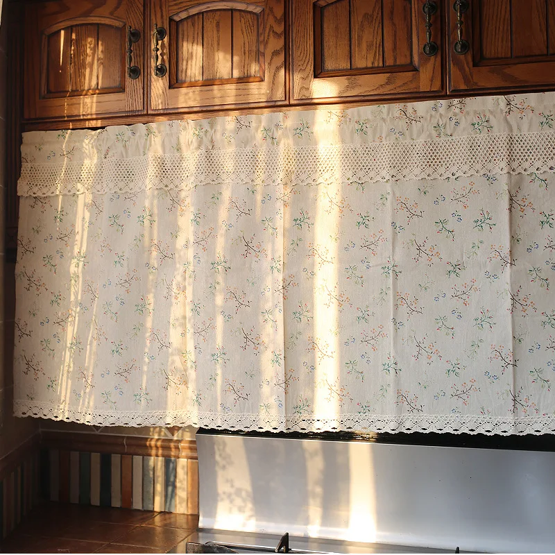Nordic Style Short Curtain Solid Cotton Linen Lace Hem Half Tulle Curtain Wine Cabinet Door Kitchen Window Small Curtain