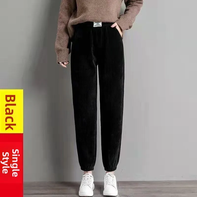 New Women\'s Corduroy Sports Pants Loose Fit Autumn Winter 2024 High Waist Nine Points Polyester Fiber Thickened Fleece Lined