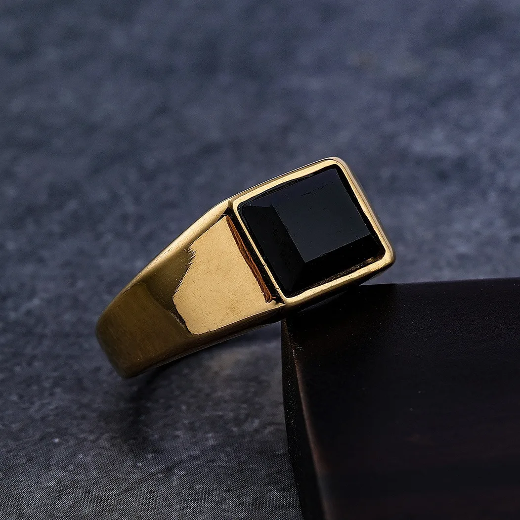 LNCHRAN – bague signet carrée en acier inoxydable 316L pour hommes, plaqué or/argent, onyx noir, bijoux minimalistes, cadeau pour hommes