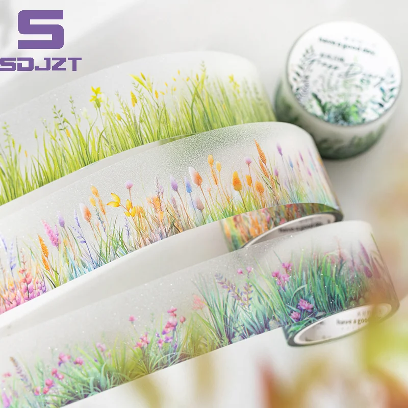 2M/Roll Cute Green Grass Flowers PET Tape Paper Journaling Adhesive Masking Tape DIY Scrapbooking Diary Aesthetic Stationery