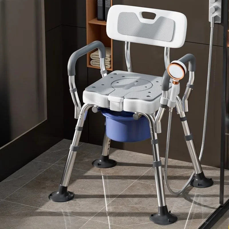 Adjustable Height Anti-slip Shower Seat with Back Armrest Drainage Holes Aluminium Bedside Commode Toilet Chair 550lb Capacity