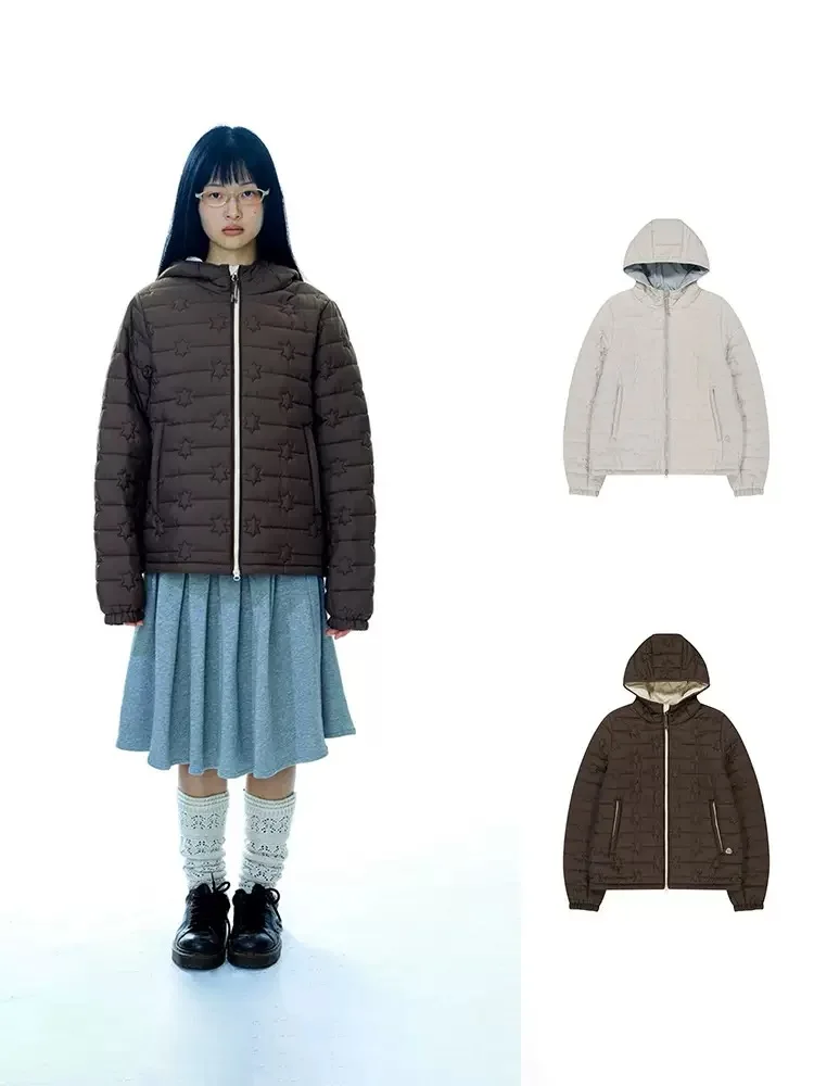 

Cute Casual Star Imprint Hooded Zipper Cotton Jaet Outerwear Coat Comfortable Straight Cut Long Sve Polyester Lined Comm...