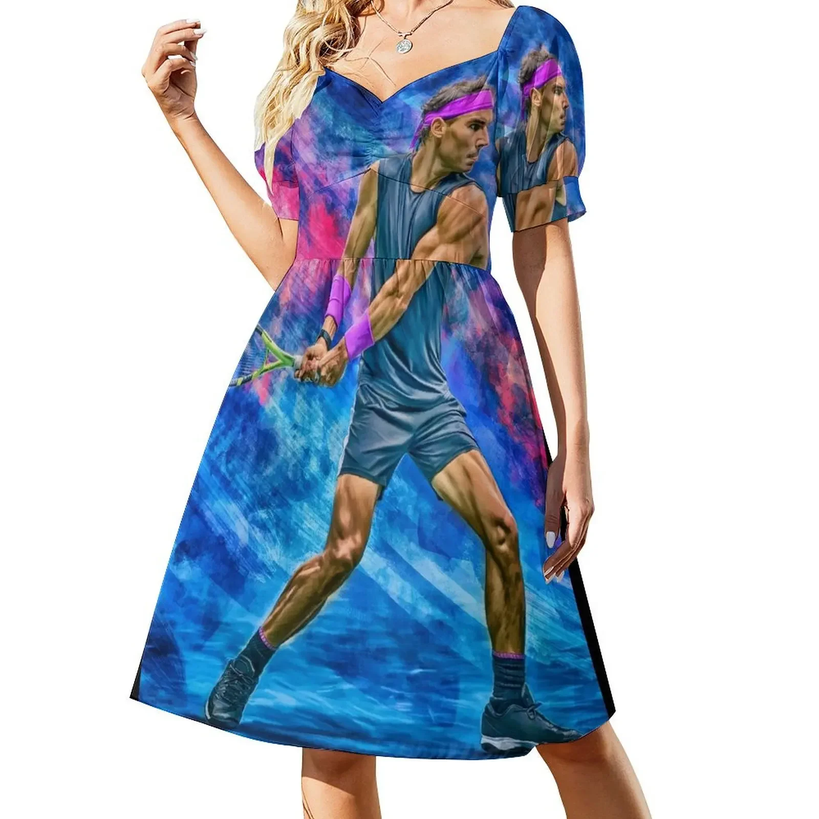 

Rafael Nadal of Spain plays backhand at US Open 2019. Digital artwork print wall poster. Tennis fan art gift. V Sleeveless Dress