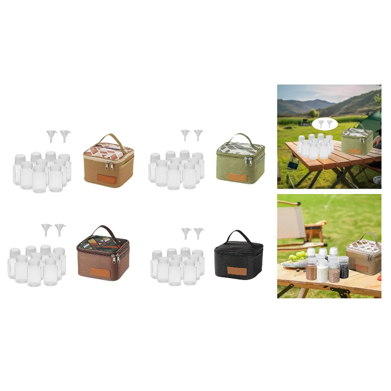 

Camping Spice Kit with Travel Bag Liquid Bottles Sugar Jars Spice Containers Cooking Pepper Shakers Condiment Jars for Indoor