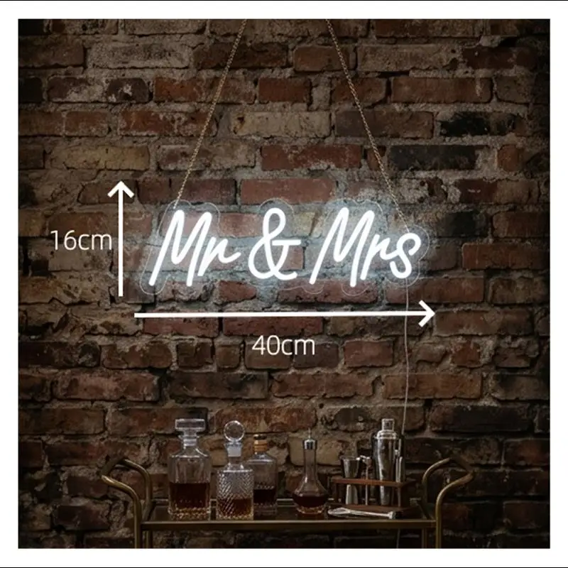 Mr & Mrs Neon Sign Light Dimmable USB Powered For Wedding Party Bedroom Room Engagement Holiday Decoration 40cmx16cm