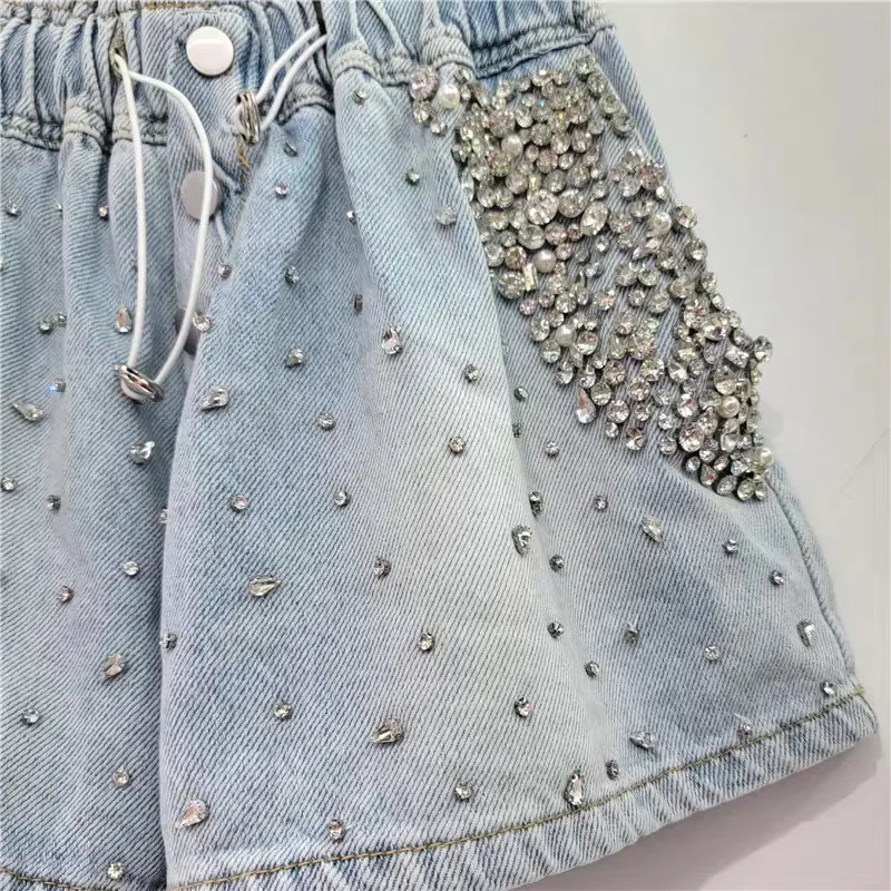 ショートパンツ ジーンズ レディース ストレート デニム セクシー ダイヤモンド ヴィンテージ ウォッシュド ダメージ加工 ハイウエスト ボタン サマー 2025 ストリートウェア ショートパンツ
