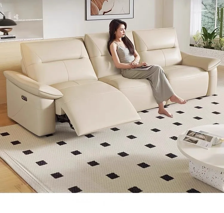 //Light Luxury Modern Three-Seater Electric Sofa Set Cowhide Top Layer Simple Wash-Free Sponge Fill Extendable Feature Villa