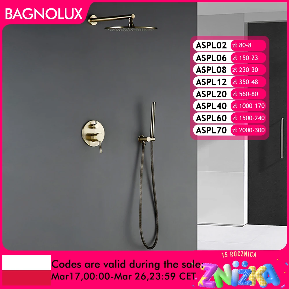 Bagnolux Brass Gold Concealed Wall Hanging Top Head And Hand Shower Curtain Set Two Functions Hot Cold Mixing Bathroom Faucet