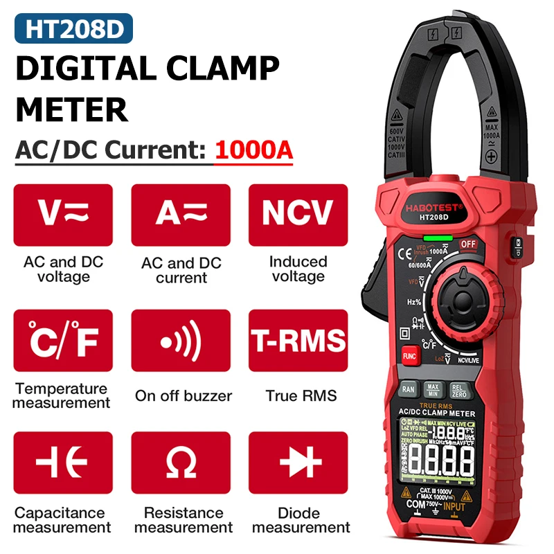 HT208D Digital Clamp Meter 1000A AC DC Current Two color Backlight True RMS Capacitance Temperature NCV Clamp Voltage Tester