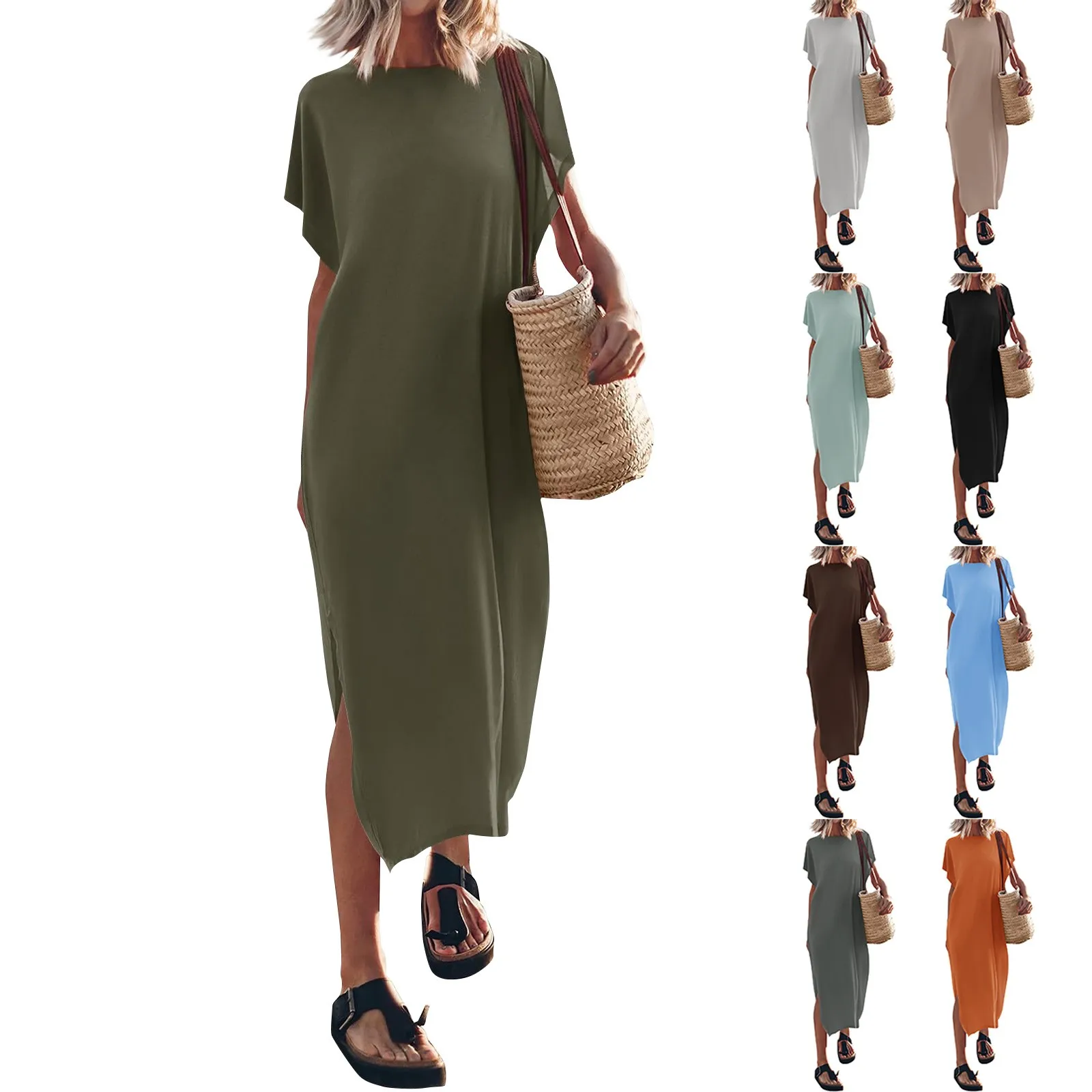 Women'S Summer Solid Color T-Shirt Long Dress Round Neck Casual Loose Split Dress Summer Dress Vestido Feminino Formal Dresses