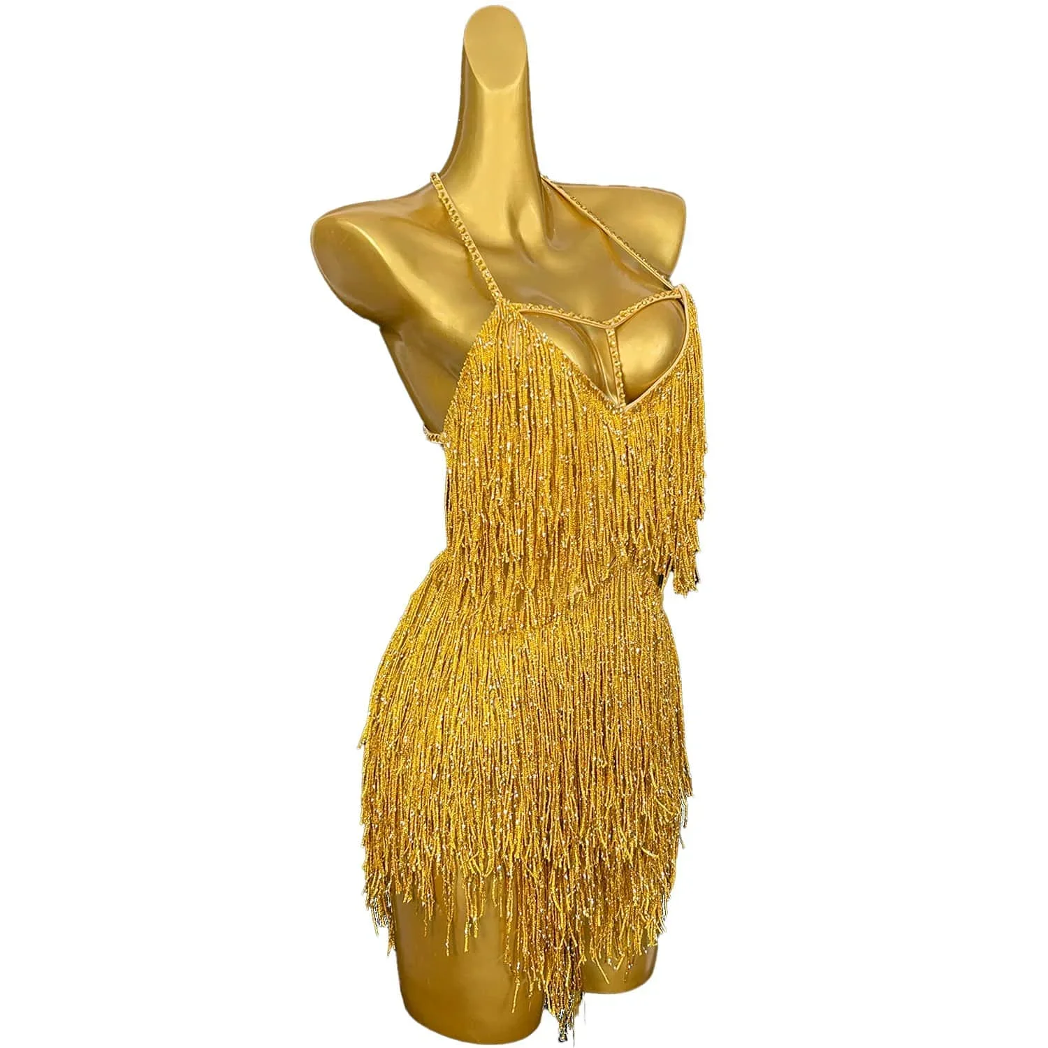 เซ็กซี่ STAGE GOLD Fringes เครื่องแต่งกายเต้นรํา Sparkly เพชรพู่ชุดราตรีวันเกิดพรหมสวมใส่ Club Performance Gown