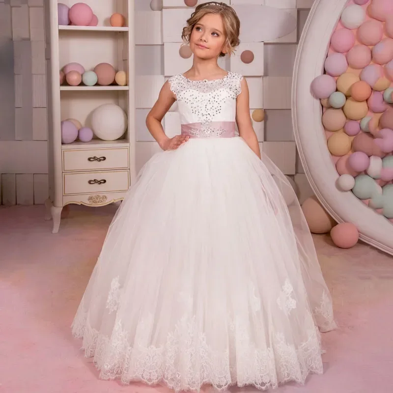 White Flower Girl Dresses Diamond Lace Appliques With Pink Bow Sleeveless For Wedding Birthday Party Banquet Gowns Customized