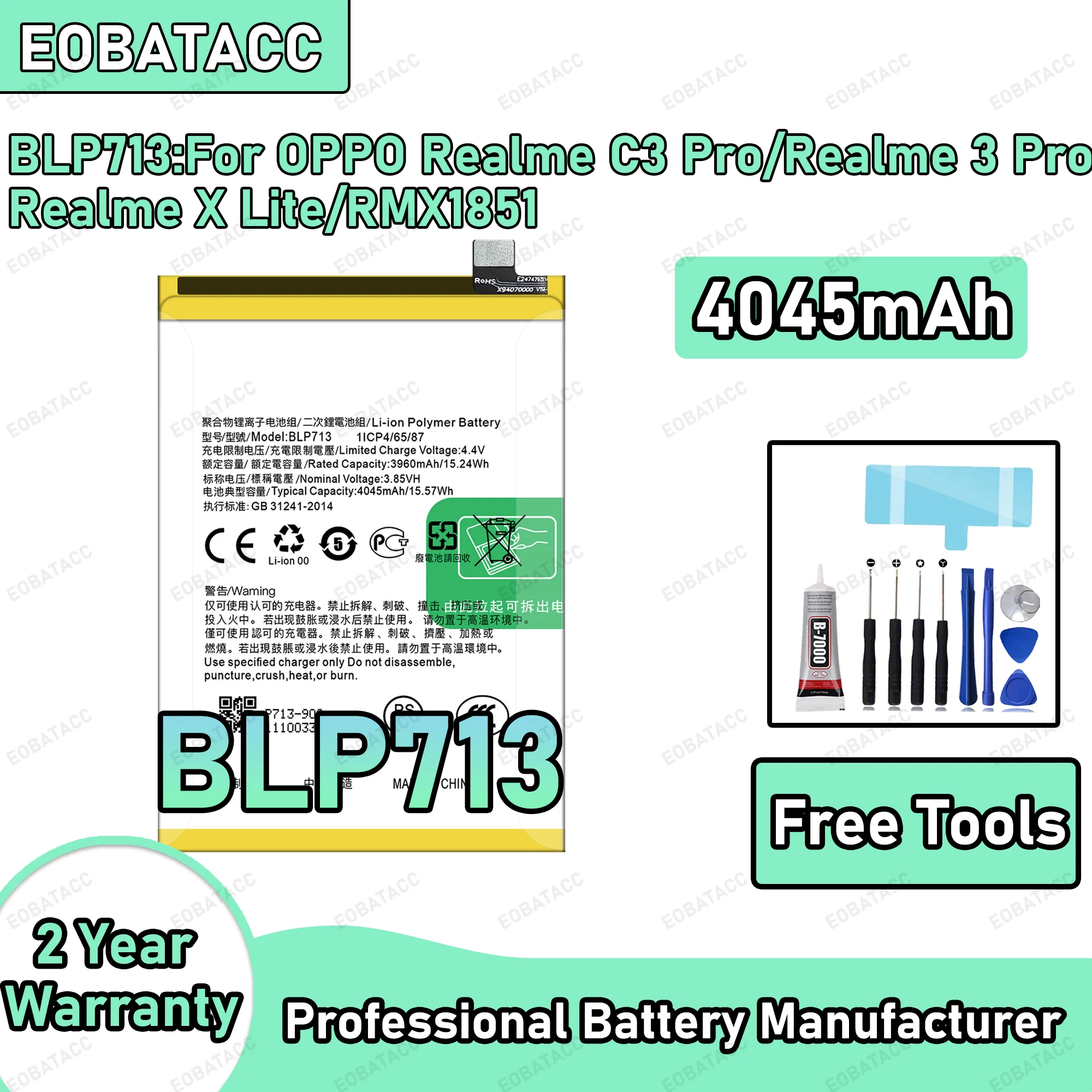 

4045mAh 100% New BLP713 Battery For OPPO Realme C3 Pro/Realme 3 Pro Replacement Bateria+Free Tools