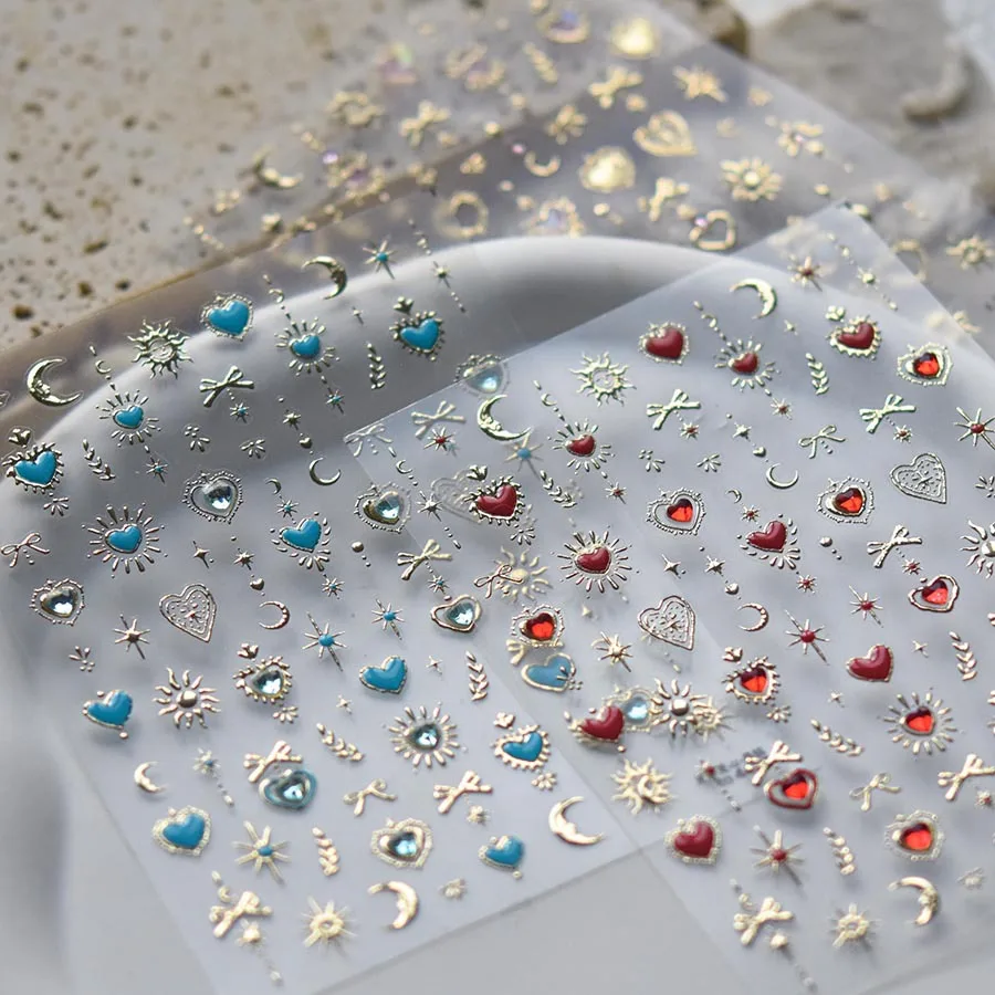 Gold Totem Red Heart Nail Art Stickers Aurora Holographic Star Moon Butterfly 5D Self Adhesive Nail Art RhinestoneS Stickers DIY