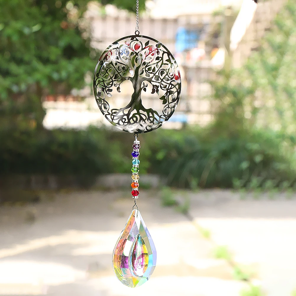 

Rainbow Chakra Crystal Suncatcher Glass Prisms Hanging Chaser Tree of Life Wind Chime Art Car Pendant Windows Garden Decoration