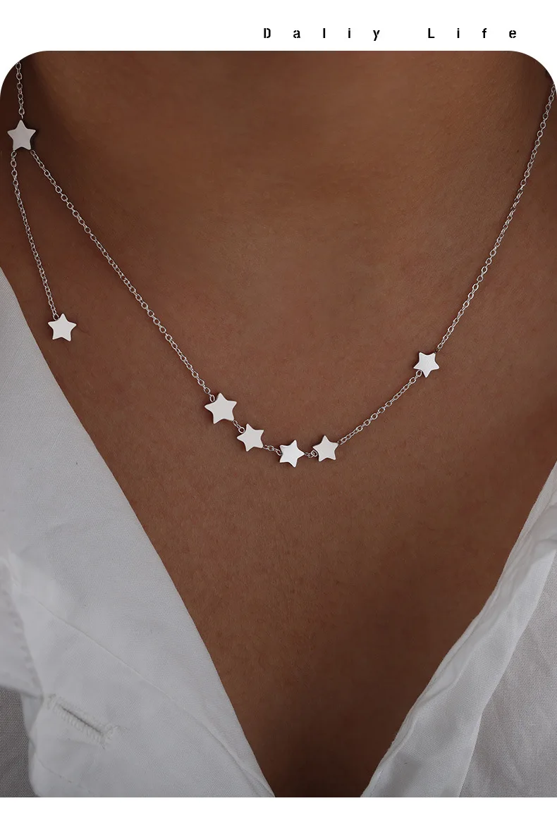 Edelstahl-Halsketten mit dünner Kette und Sternquaste für Damen, 18 Karat vergoldet, kein Anlaufen, Damen-Halskette mit mehreren Stern-Charms – Detail 4