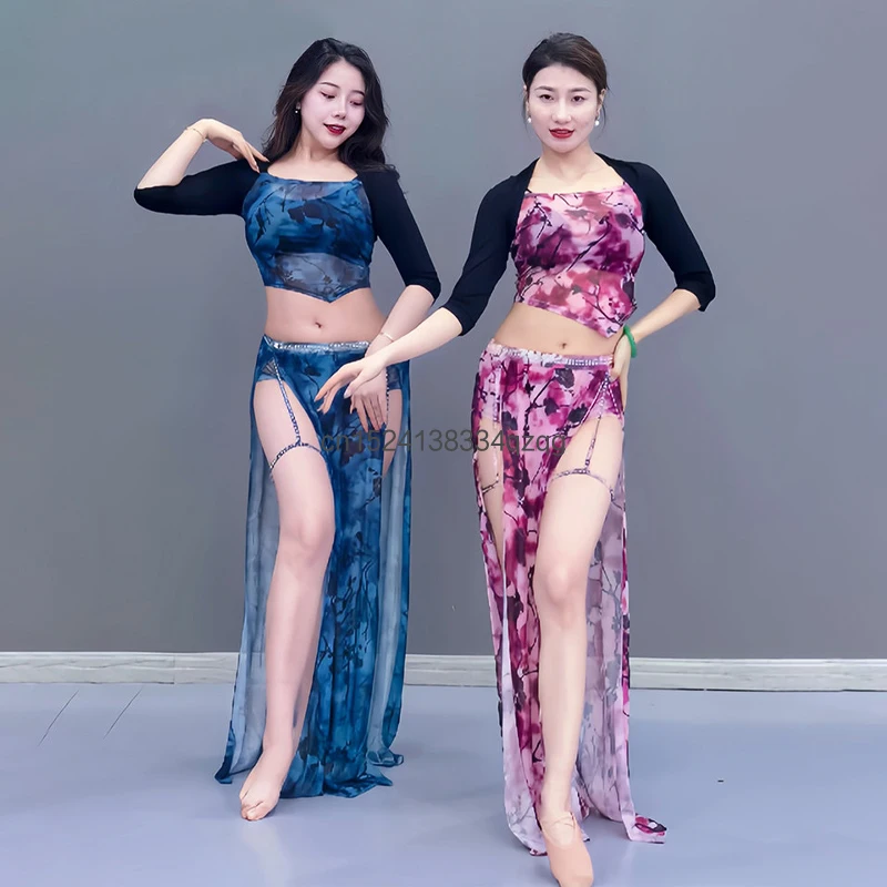Belly Dance Contrasting Printed Mesh Clothing Set Sexy Women's Mid Sleeves Slimming Belly Dance Practice Performance Costumes