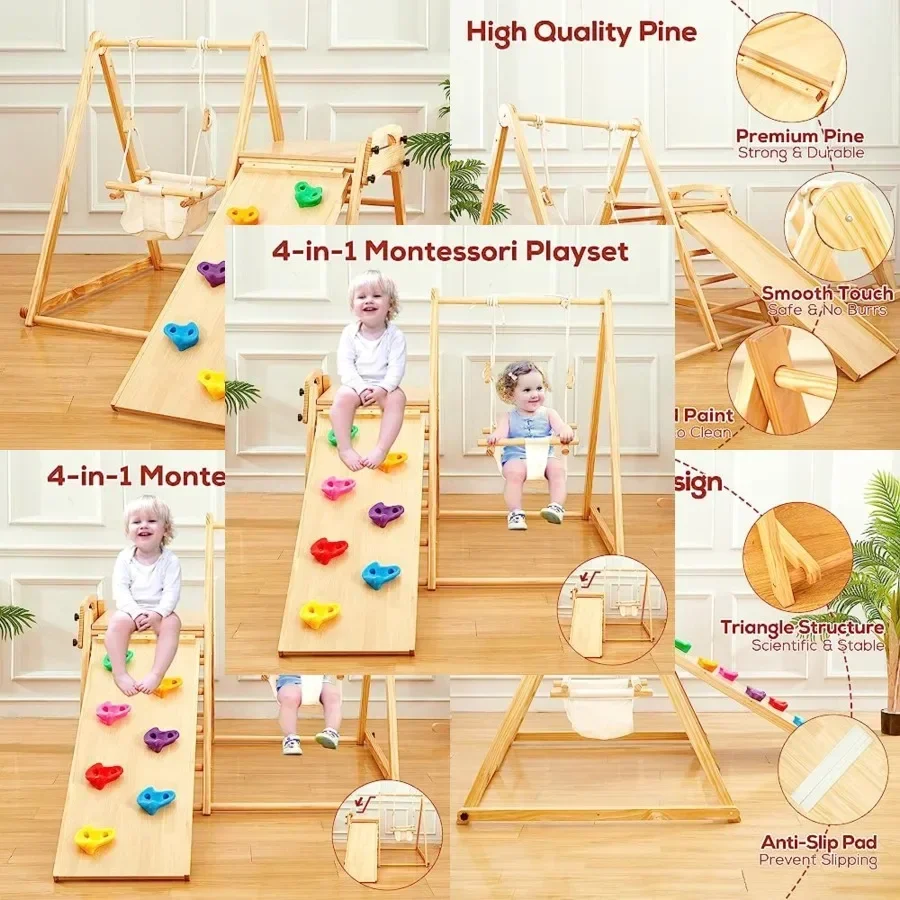 Indoor playground for toddlers 0.5-5 years: foldable wooden jungle gym with swing, slide, ladder, climbing rock; natural wood f