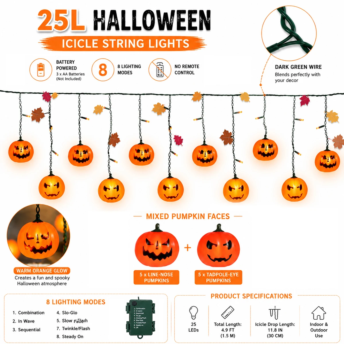 1pc Halloween Pumpkin Curtain String Lights Hanging Chain Jack-O-Lantern Lantern Lights For Indoor Window Home Outdoor Decor