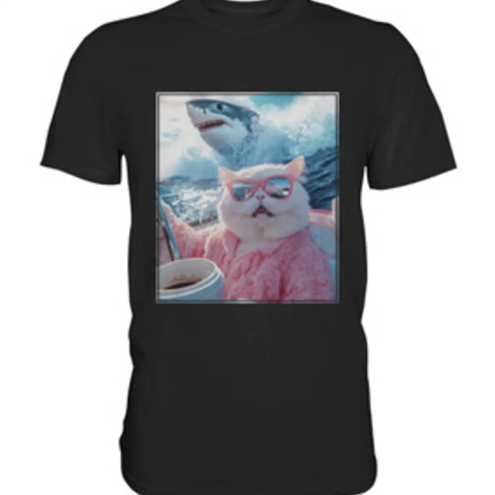 Coole Katze Selfie Hai T Shirt Katzenmotiv Lustige Meme Tiermotive Urlaub Strand vintage Washed homme Breathable Stretched Soft