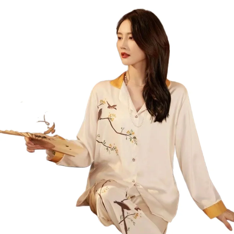 Stunning Sleepwear Temperament New Chinese Style Pajamas Ladies Spring Summer Long Sleeve Home Dress Set V Neck Thin Ice Silk