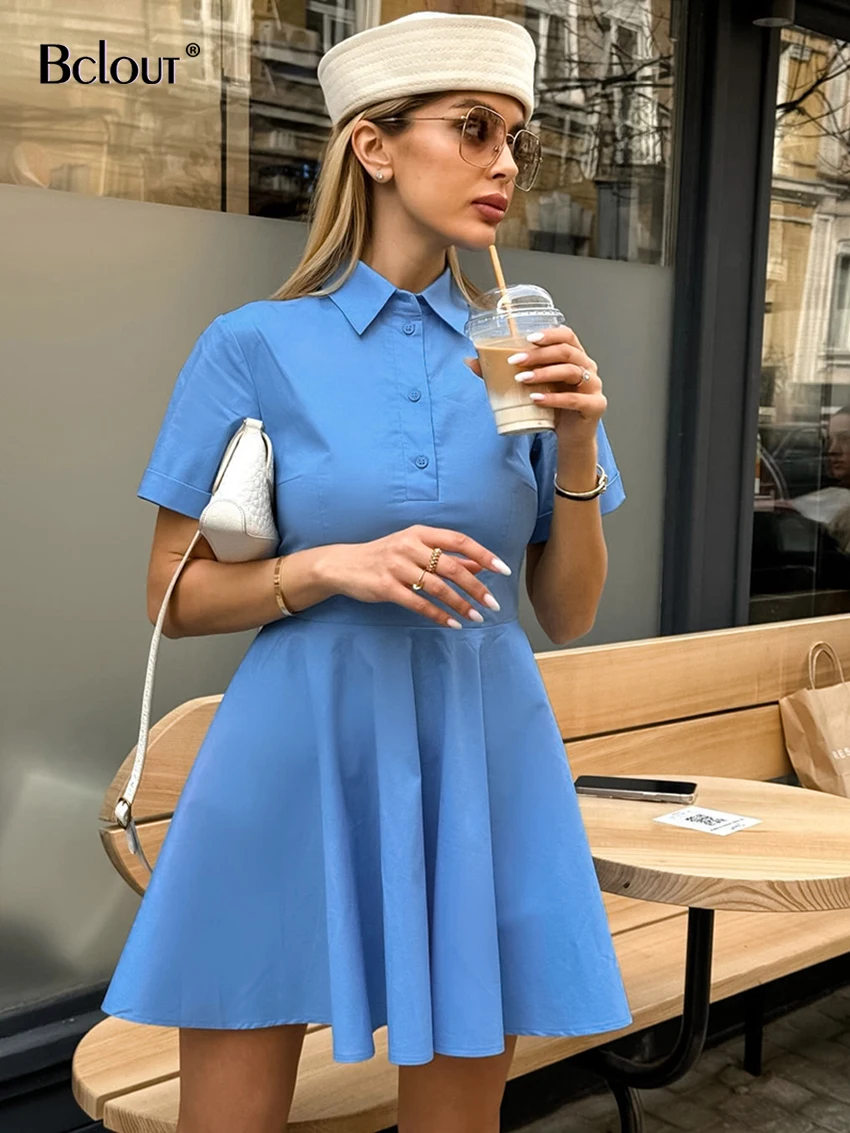 Bclout Elegant A-Line Blue Dress Women 2024 Summer Turn Down Collar Office Lady Mini Dresses Fashion Slim Solid Pleated Dresses