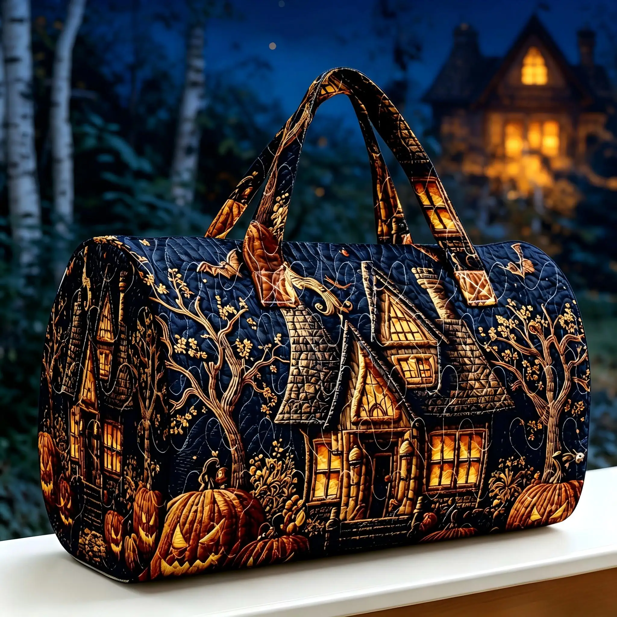 Halloween haunted house quilted suitcase large capacity women's travel weekend bag Gothic horror print camping overnight handbag