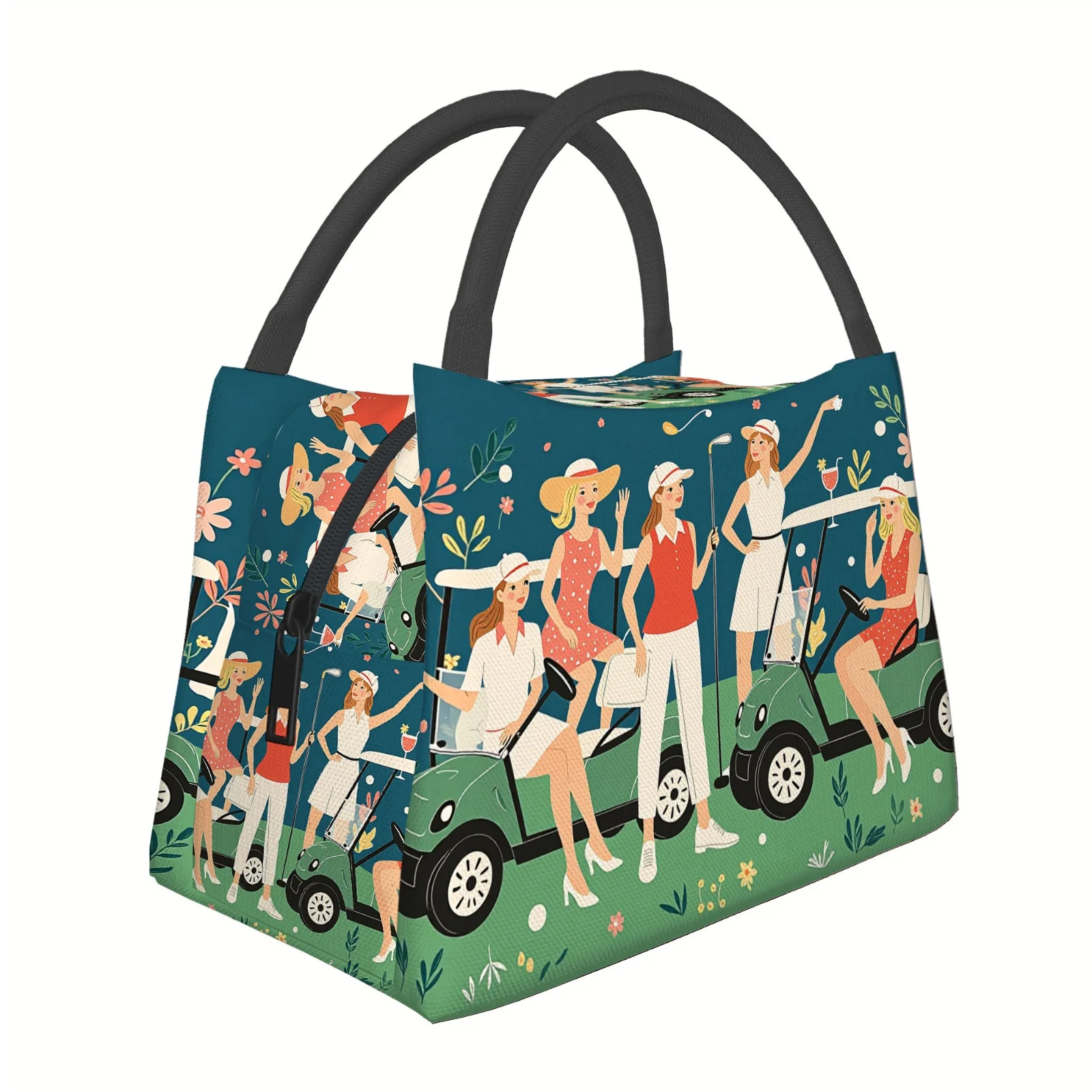 1pc Thermal Bag Featuring Women Golfers with Carts and Beverages Insulated Bag Is Not Intended for Food Contact Lunch