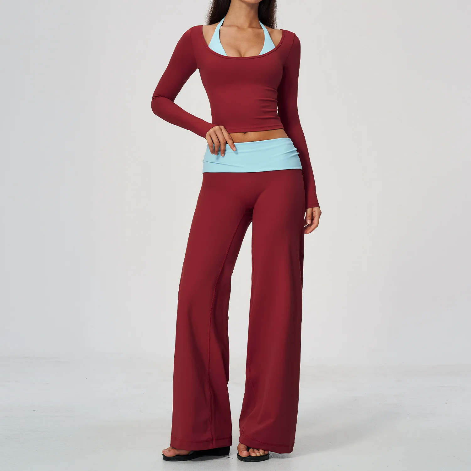 Women 2 Piece Yoga Set Gym Clothing Fitness Suit Workout Tracksuit Running Sportswear Outfits Long Sleeves Fitted Wide Leg Pants