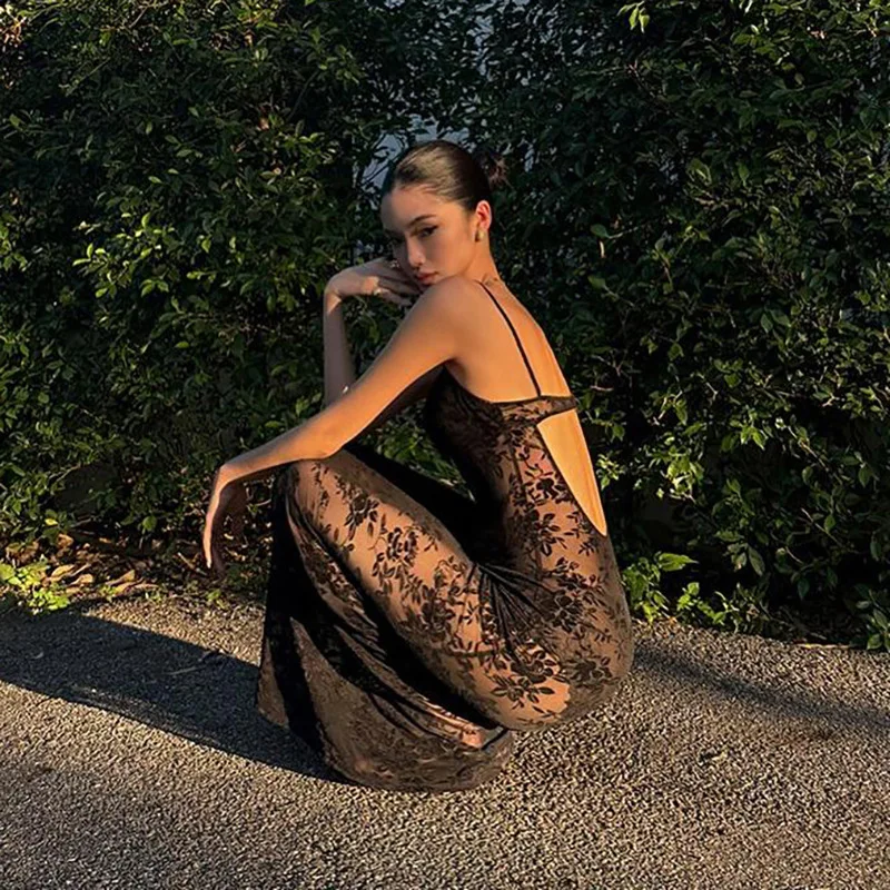 ผู้หญิงเซ็กซี่ดูผ่าน Flocking ตาข่ายสลิง Maxi ชุด V คอสายสปาเก็ตตี้ Backless Bodycon Club Party Long Robe