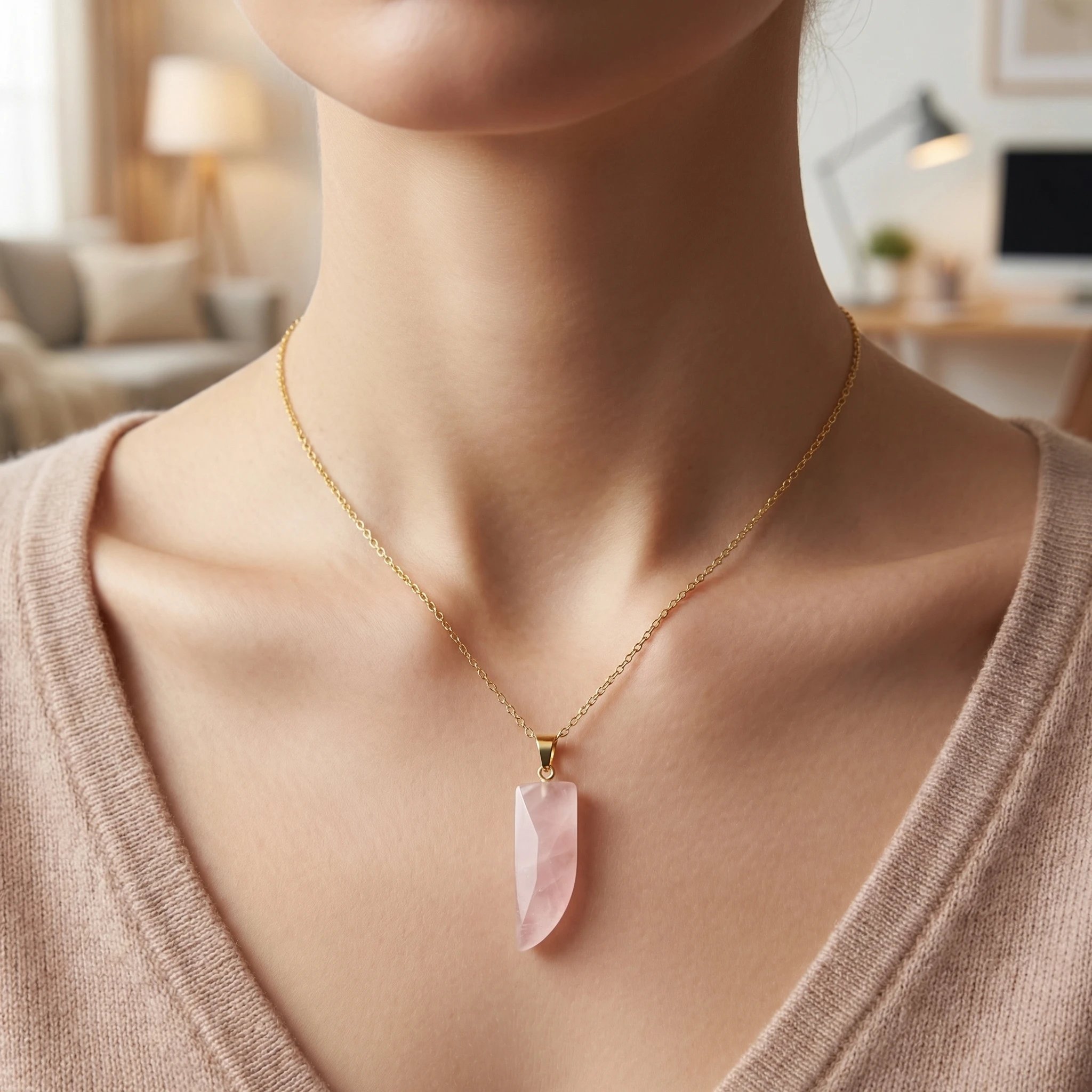 

Minimalist Natural Rose Quartz Blade-Shaped 18K Pendant Necklace