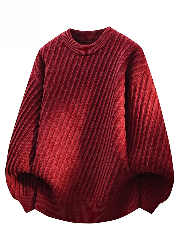 

Red Casual Knitted Sweater round Ne Base Layer irt for Men Spring 2026 New Texture Knitwear Loose Fit Long Sve