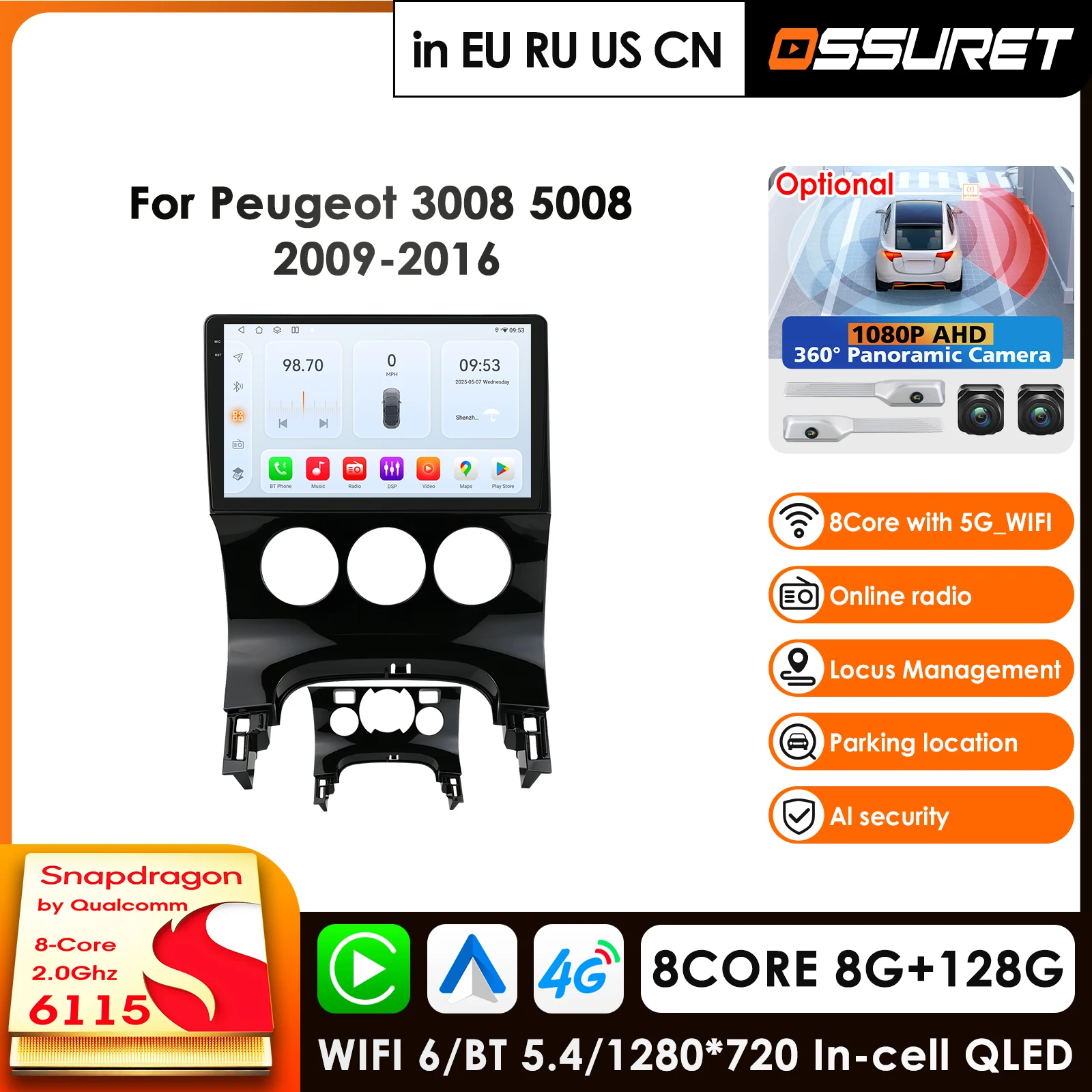 

Автомагнитола OSSURET 9 дюймов с Carplay, 4G LTE, 2 DIN, Android 14 для Peugeot 3008 2009-2016, мультимедийный QLED-экран, 360° ° Блок управления камерой