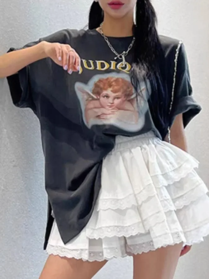 الكورية الحلو تنورة صغيرة الأبيض الدانتيل كشكش كعكة التنانير عالية الخصر ألف خط نفخة تنورة قصيرة المرأة لطيف Kawaii ملابس الصيف 2025