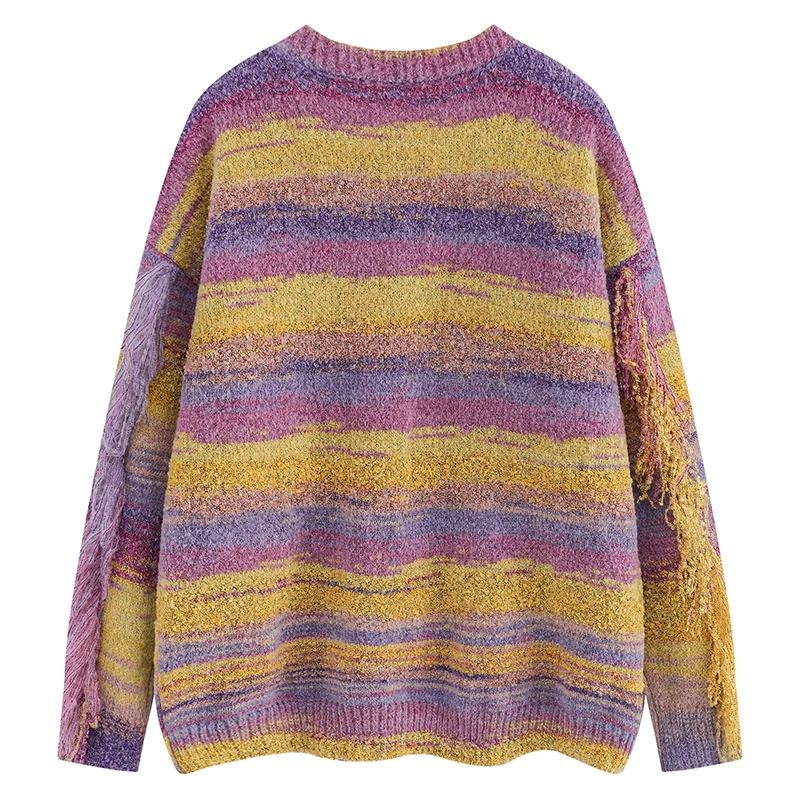 Bunter Fransen-Strickpullover, übergroßer Pullover, Retro-gestreift, langärmelig, Rundhalsausschnitt, Herbst-Winter, Boho, lockerer Pullover für Herren