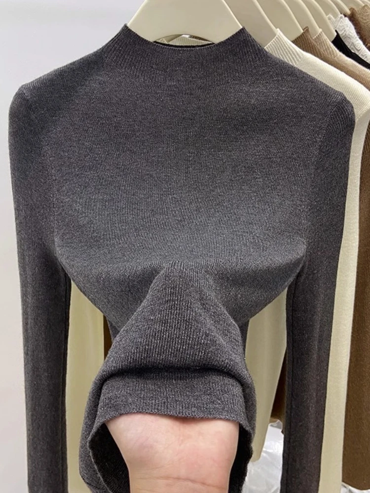 

Теплые повседневные джемперы, осенне-зимний свитер с воротником, женский однотонный тонкий пуловер 2025 года, хороший корейский модный трикотаж, базовый слой, топы