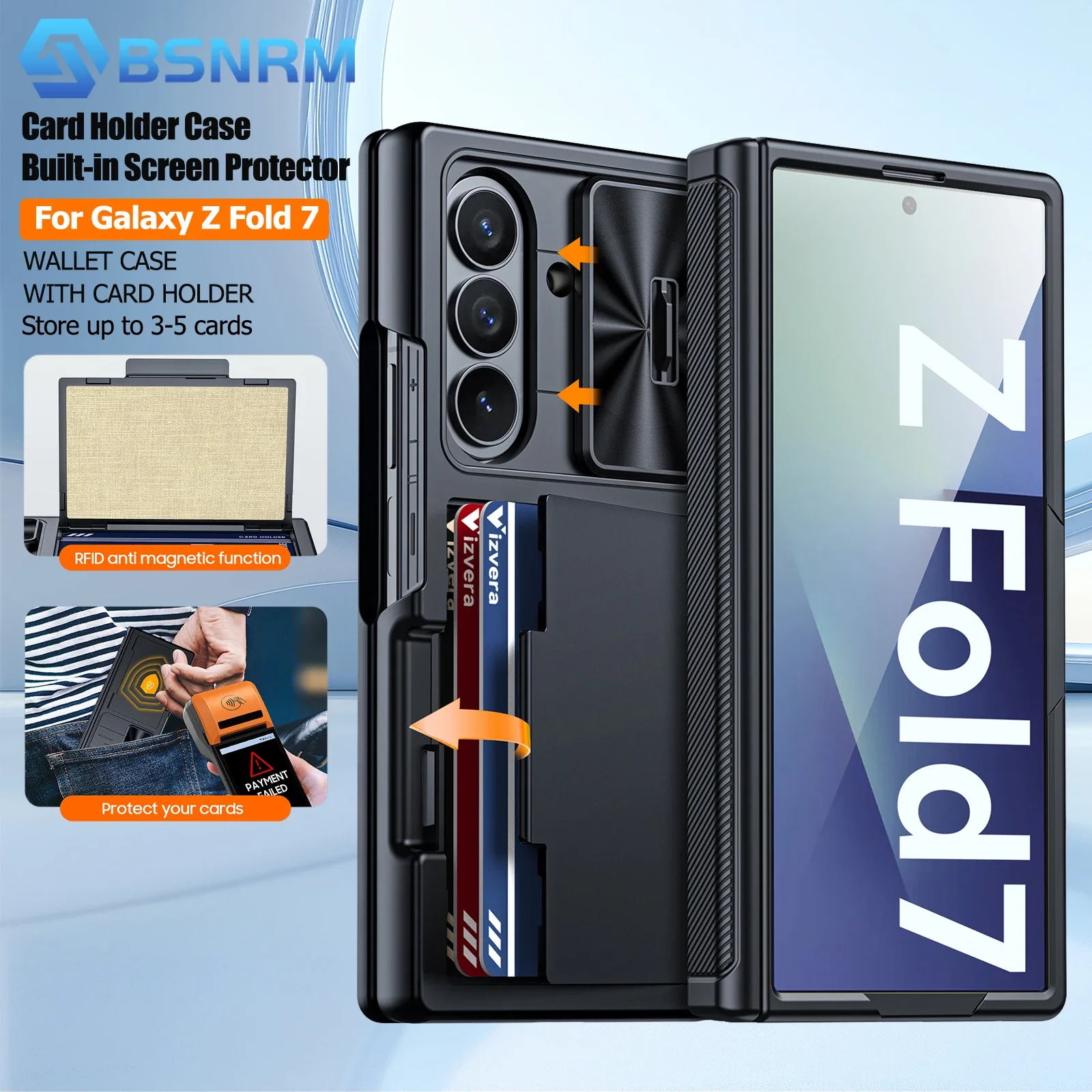 

Для Galaxy Z Fold 7, с держателем для карт, встроенной защитой от HD, защитой шарниров, чехлом для камеры, прочным чехлом-кошельком — черный