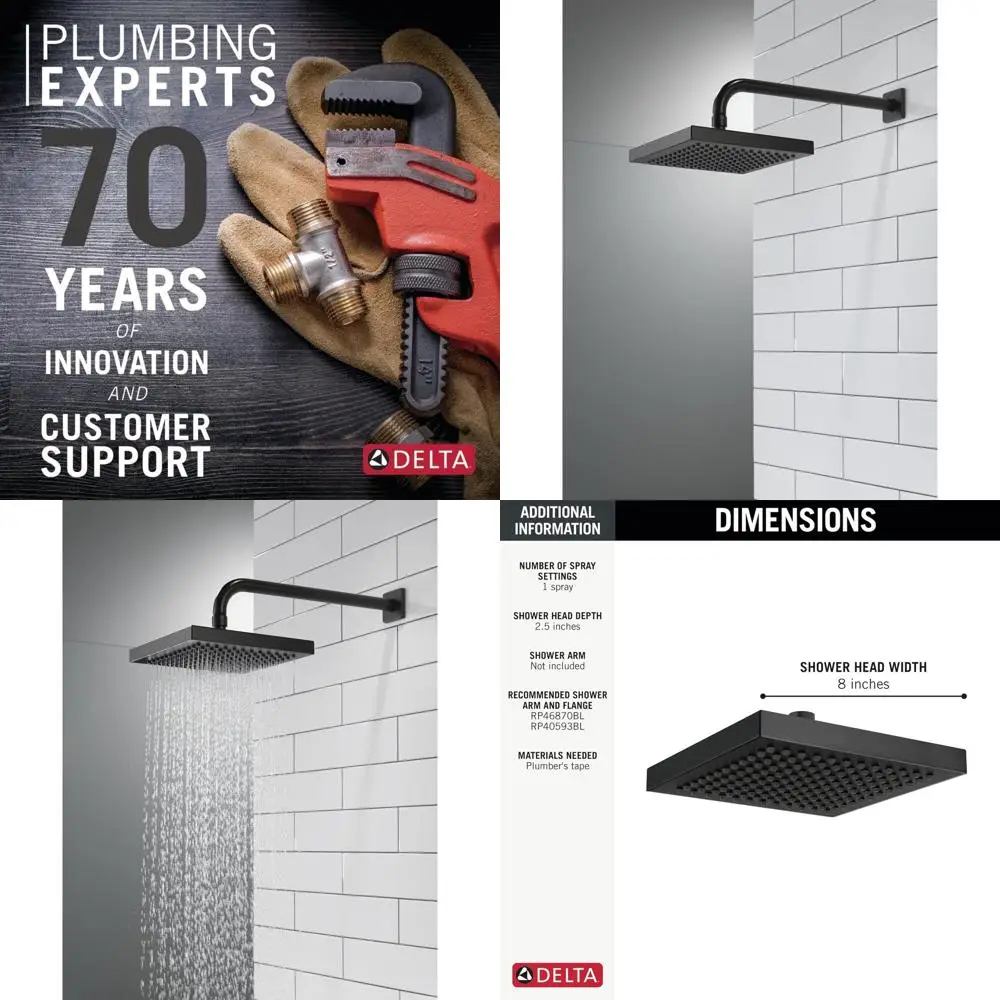 

Matte Black Rain Shower Head, Single Spray, Rainfall Style, Square Design, Metal Construction, Model 52841