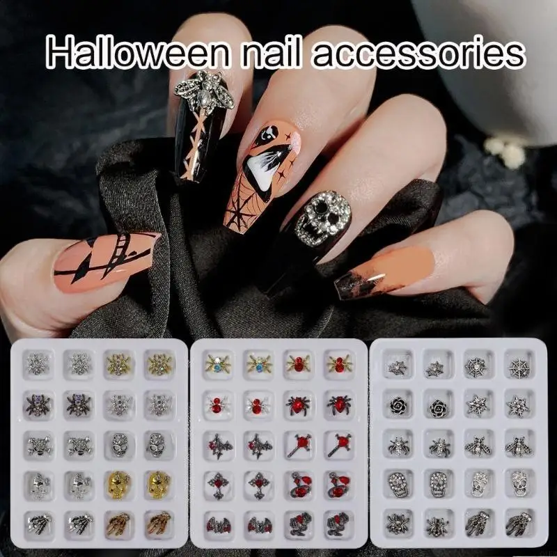 q1fb วินเทจโกธิคอัลลอยเล็บ Art Charms Punk Halloween Silver Skull Art Art