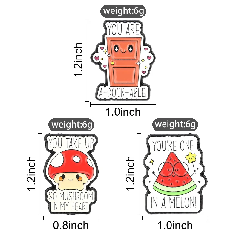 Cute Puns Enamel Pins Cartoon Mushroom Door Watermelon Brooches Funny Lapel Badges Kawaii Love Quotes Jewelry Gift