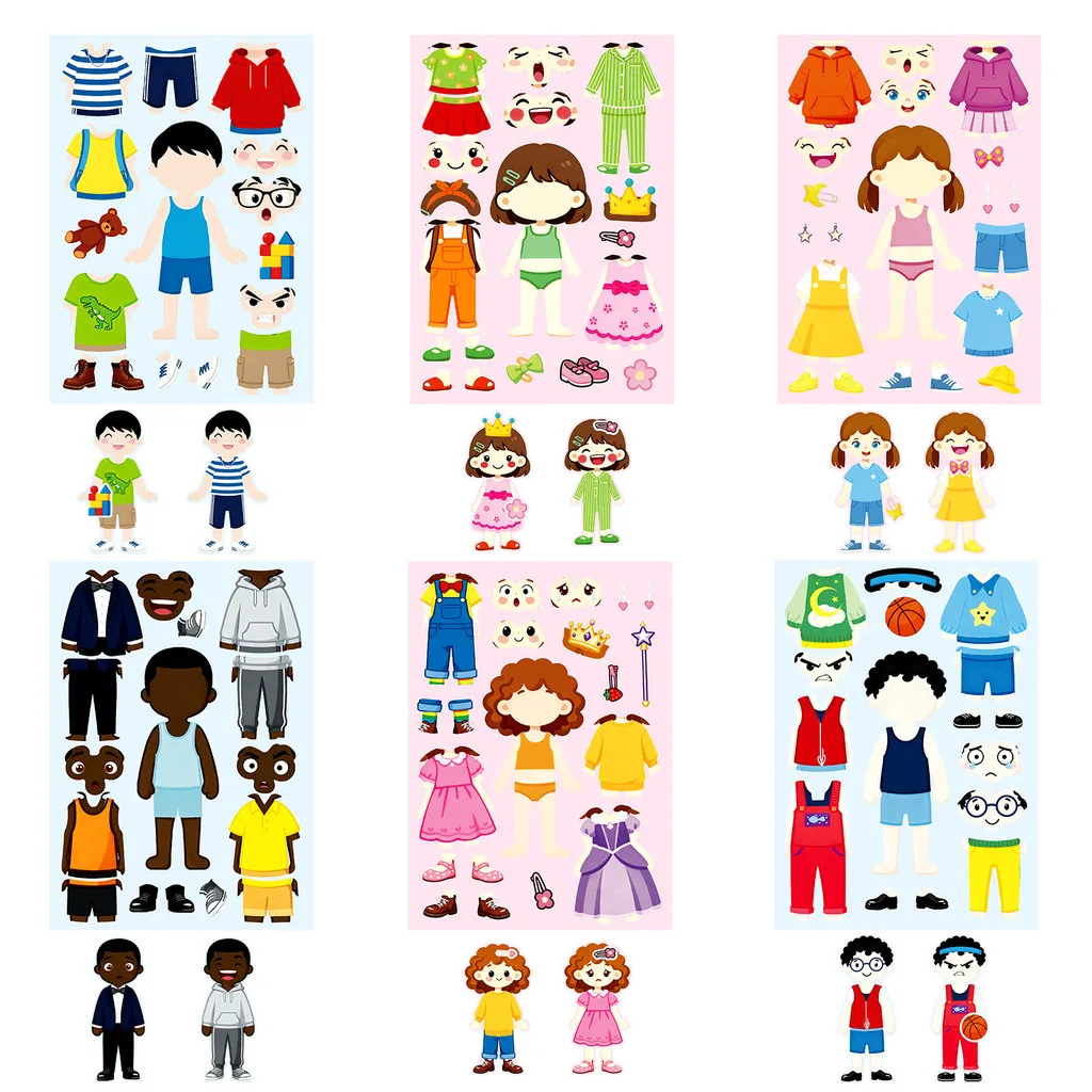 6Pcs Cartoon Character Dress-up Puzzle Stickers Multi Skin Tone Figure Mix  Match Outfit Face Decal for DIY Giajar Sticker Store