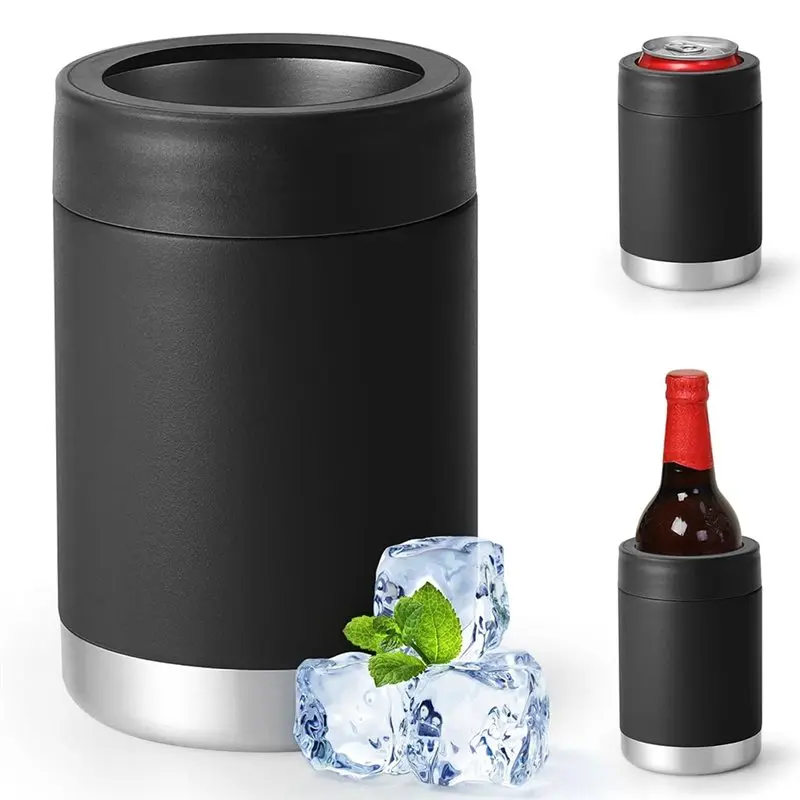 For Regular 12 Oz Bottles, Can Cooler-Stainless Steel Double-Walled Insulated For Beer(Black Single Lid- 12 Oz)