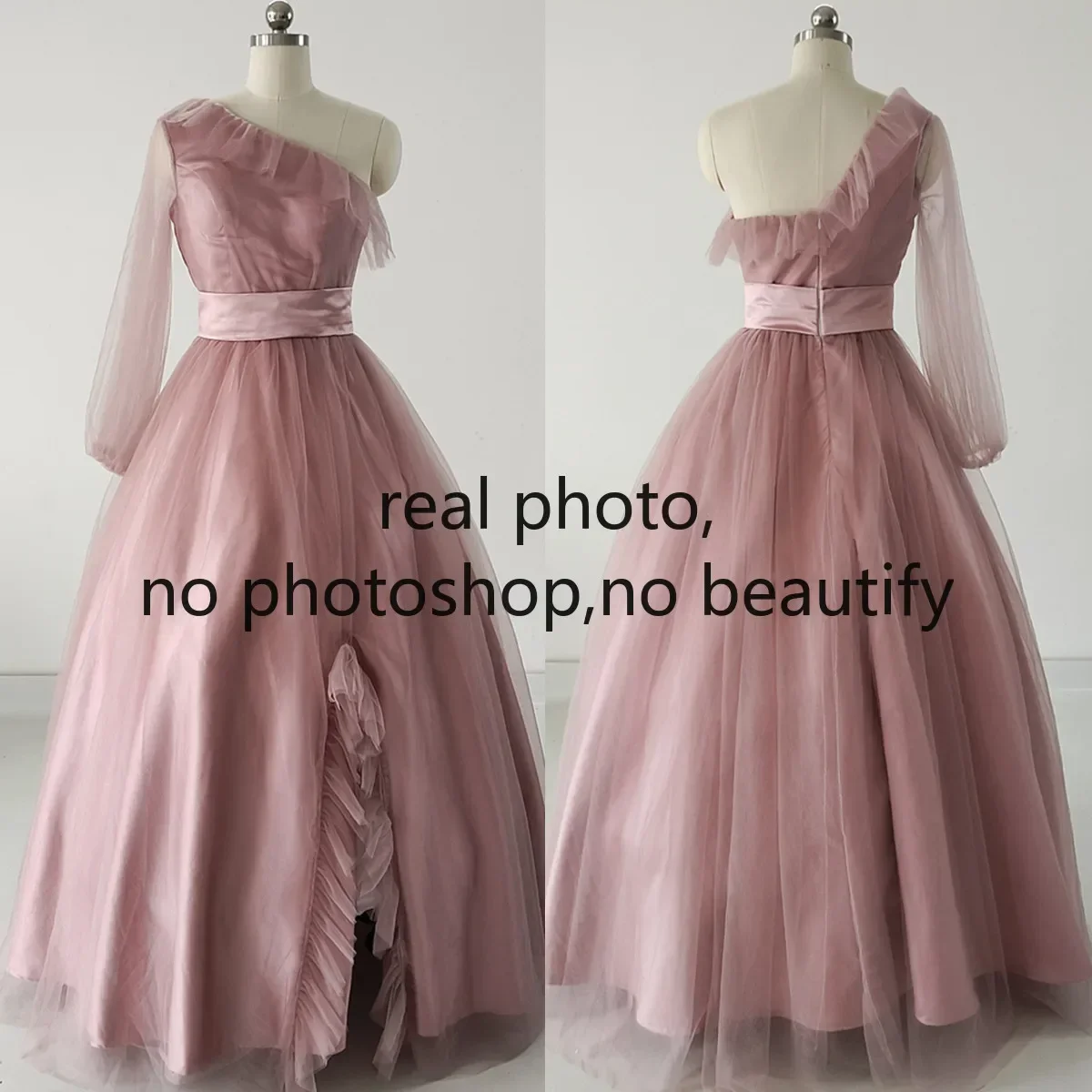 

Real Photo Evening Dress Dark Pink Tulle Ruched One-Shoulder Full Sleeves Floor-Length A-Line Ruffles Women Formal Party Gowns