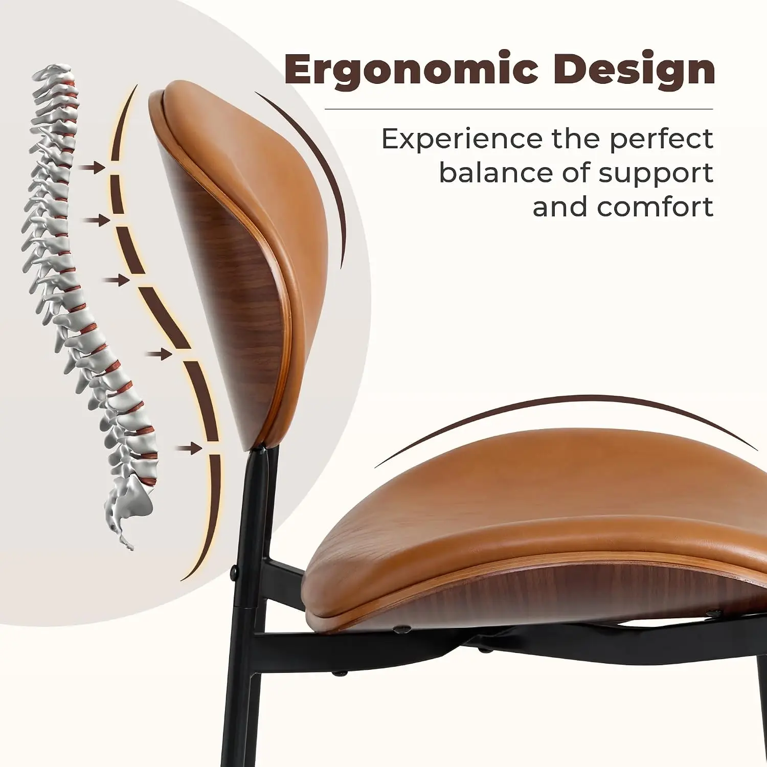 Mid-Century Modern Dining Chairs Set of 6, PU Leather Upholstered Dining Room Chairs with Walnut Grain Back,, Customized view 3