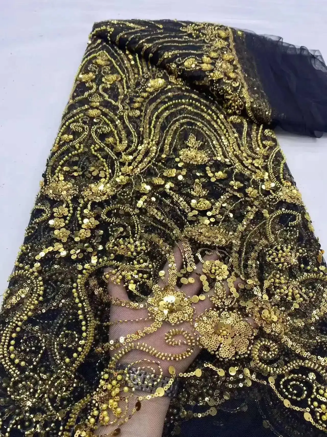 

5Yards African Bridal Lace Fabric with Sequins Beaded Embroidery High Quality French Tulle for Wedding Groom Nigerian Style