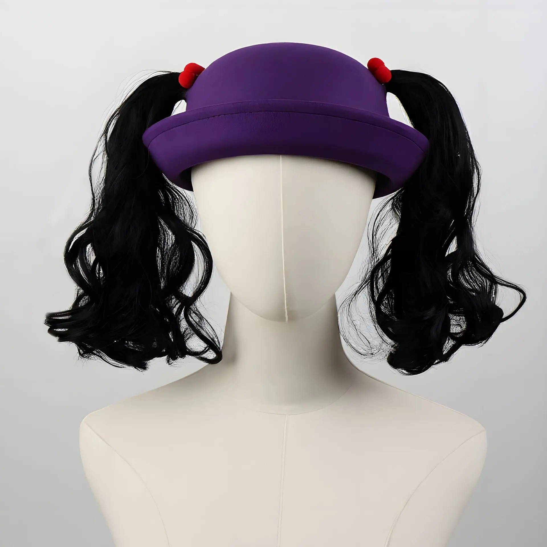 Purple Bowler Hat Styling Synthetic Black Wavy Curly Twin Pigtails Wig Clown Cosplay Halloween Party Costume Role Play