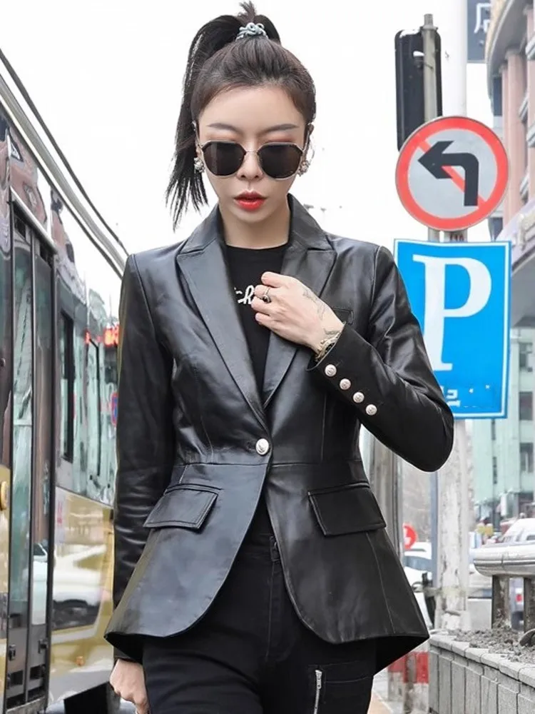 New Designer Office Ladies Back Hollow Out Button Slim Fit Blazer Work Suit Coat Women Natural Sheepskin Genuine Leather Jacket